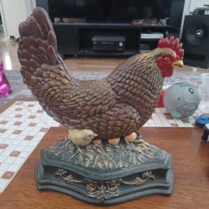 Vintage Gusseisen bemalt Huhn Henne & Baby Küken Metall Türstopper - Bild 1 von 3