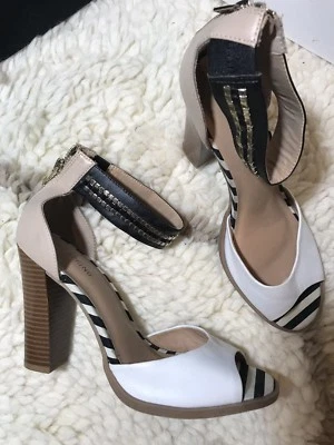 Call It Spring Color Block Cuffed Studded Sandals Open Toe Heels Size 8.5 Beige - Image 1 of 4