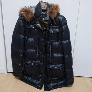 Burberry Black Label Polyester Down Jacket Black Check Lining Fur Hood Size L - Picture 1 of 24