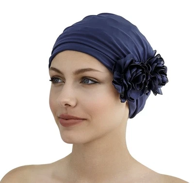 Fashy - Badehaube Marine Blau mit Stoffblüten 3451-54 Damen Badekappe Bademode
