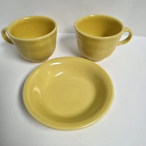 Fiesta Ware 2 Yellow Cups & Saucer Set Homer Laughlin USA Lead Free Ceramic  - Picture 1 of 15