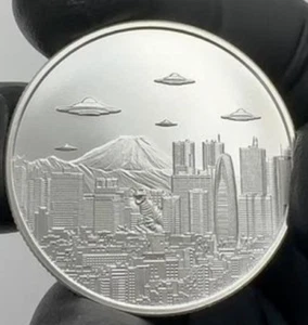 UFOs über Tokio 1 Oz .999 Feinsilbermedaille Aliens Godzilla - AUF LAGER - Bild 1 von 3