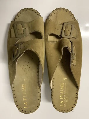 La Plume Olive Green Nubuck Leather Slide Wedge 2 Buckle Sandals Size 40 US 9 - Image 1 of 4