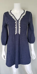 Boden A Line Dress Womens UK 8R US 4R Cotton Navy Blue White Pom Pom 3/4 Sleeve - Picture 1 of 10