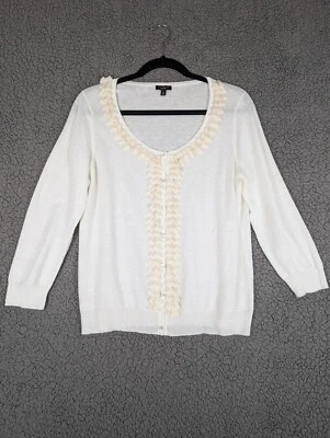 Talbots White Ruffle Front Cardigan Sweater Sz M Cream Pearl Buttons Linen Blend - Image 1 of 4
