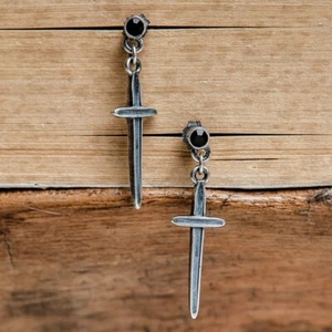 925 Sterling Silver Black Crystal Cross Drop Dangle Earrings Gothic Punk Vintage - Picture 1 of 8
