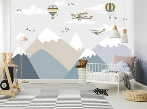 Papel pintado para niños de pared mural montañas aviones niños dormitorio bebé globo - Imagen 1 de 10