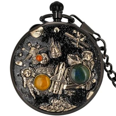 Uncommon Musical Quartz Pocket Watch Space Case Fob Watches with Pendant Chain - Image 1 of 4