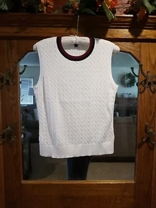 Brooks Brothers White Cotton Cable Knit Sleeveless Sweater Size L Burg Blue Trim - Picture 1 of 8