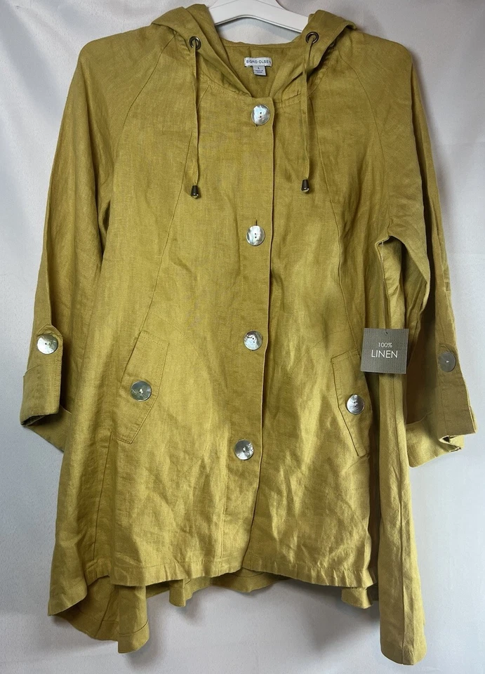 Sigrid Olsen Jacket Size Large Yellow 100% Linen Hooded Pearl Buttons Lagenlook - Image 1 of 4