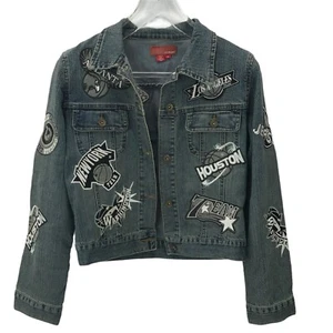 LE MORE Women Denim Jacket NBA Basketball Streetwear  Patches Y2K 90s Crop LARGE - Picture 1 of 12