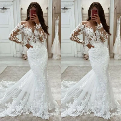 Mermaid Wedding Dress Lace Appliques Long Sleeves V Neck Beach Bridal Gowns - Image 1 of 4
