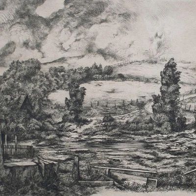 Oskar Coester Radierung Landschaft Bauernhof Grafik Original signiert 1938 - Bild 1 von 4