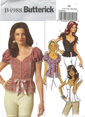 Butterick B4988 Top with Double Ruffle, Ribbon Sash Sz 14-20 UNCUT EASY Pattern - Image 1 of 4