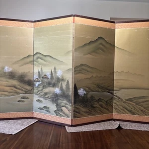 Vintage Antique Japanese 4-panel Screen Village Design 65”x36” - Picture 1 of 17