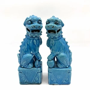 COPPIA DI CANI FO LEONE CINESE IN PORCELLANA vintage smaltata blu 20cm - Imagen 1 de 10