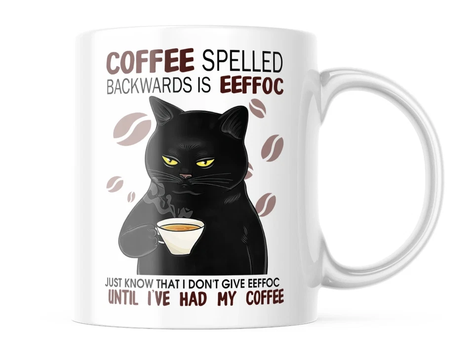 LIGHTFIRE PRINTING Funny Cat Coffee Mug “Eeffoc Is Coffee Spelled Backwards” Cup 11oz/15oz