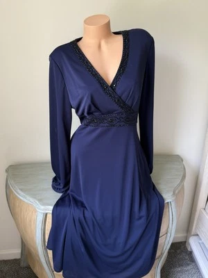 TALBOTS Navy Blue Dress 14 Surplice Solid Long Sleeve Beaded Classic Old Money - Image 1 of 4