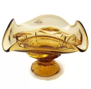 Vintage Viking Glass Amber Gold Epic Leaf Compote Candy Dish 7604 - Picture 1 of 12