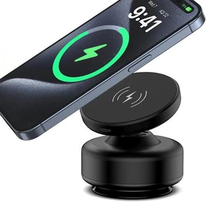 15W Wireless Charger Suction Cup Phone Mount - 360° Rotatable Magnetic Holder - Picture 1 of 7