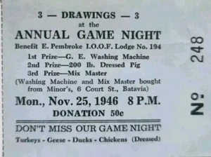 IOOF 1946 Odd Fellows E. Pembroke No. 194 Annual Game Night Vintage Ticket Stub NY  - Bild 1 von 2