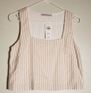 Abercrombie & Fitch Square Neck Crop Top Linen Blend Beige & White Stripe Sz XS - Picture 1 of 7