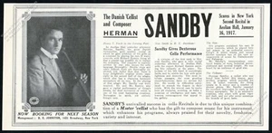 Herman Sandby 1917 foto violonchelo recital tour reserva anuncio impreso vintage - Imagen 1 de 7