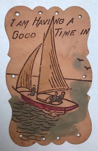 VTG 1907 LEATHER POSTCARD SAILING SAILBOAT Inked Holes for Stitching EXC - Picture 1 of 1