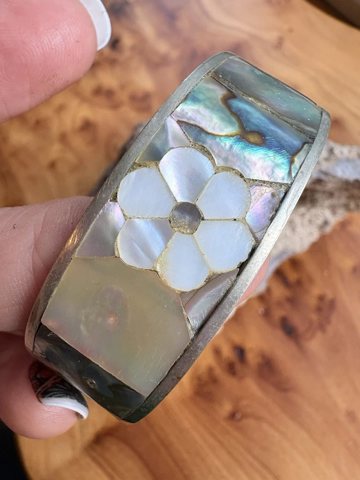 VTG Cuff Bracelet  Mother of Pearl Daisy Mexican Silver Abalone Inlay - Image 1 of 4