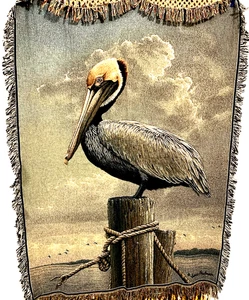 James Hautman American Artist PELICAN Throw Blanket w/Fringe 66X50" Made in USA - Picture 1 of 5