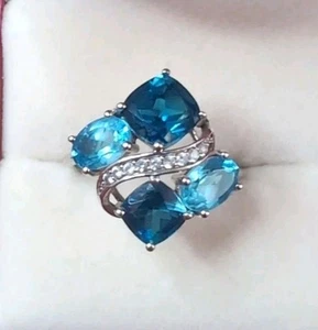 Beautiful Blue Topaz Cluster Sterling Silver 925 Ring Size 8.5 - Picture 1 of 8