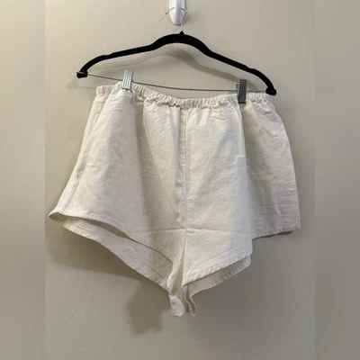 全新带标签 Anthropologie 亚麻混纺高腰弹性腰短裤象牙白 - L — 第 1/4 张图片