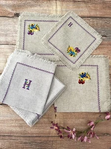 NEW Linen Handmade Needlework Napkins Fringed Beige Gray Napkins Set Gift - Picture 1 of 12