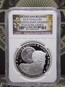 2014 Tuvalu Augustus Saint Gaudens 1oz Silver Proof NGC PF69 UC #097 Chicago ANA