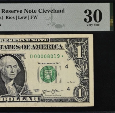 2013 $1 Federal Reserve Note - PMG 30 - Four Digit Low Serial Star - 00008019* - Image 1 of 3