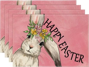 Pink Bunny Rabbits Easter Placemats Set of 4, 12X18 Inch Flower Seasonal Spring - Picture 1 of 12