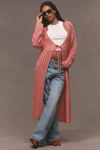 Anthropologie Maeve Long Front-Tie Popcorn Cardigan Pink Pattern One Size - Picture 1 of 5