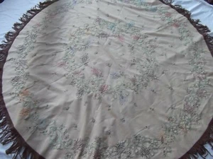 vtg 60in round beige tablecloth embroidered floral Victorian brown fringe NEW - Picture 1 of 8