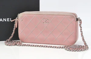 Auténtica billetera Chanel de cuero rosa marca CC puntadas salvajes con cadena WOC #59163 - Imagen 1 de 17