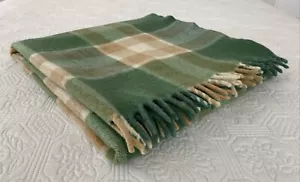 Vintage Pure Wool Throw Picnic Travel Blanket Green Check 145 cm x 130 cm Shrunk - Picture 1 of 16
