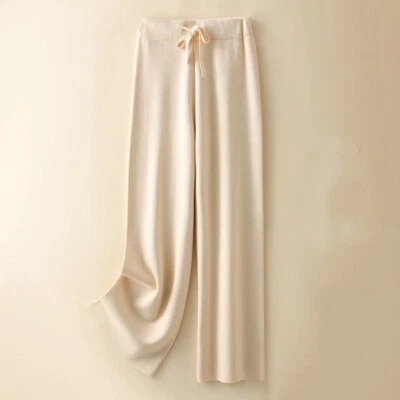 Elegant Womens Cashmere Blend Wide Leg Pants Loose High Waist Knitted Trousers - Image 1 of 4