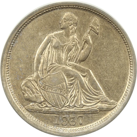 1837 Seated Liberty Dime 10c, PCGS AU 50 - Old Green Holder, Large Date, Small 7 Cover