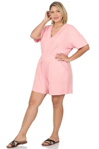 Zenana Shorts Romper Womens V Neck Drop Shoulder Pockets Pink Plus Size 1X 2X 3X - Picture 1 of 4