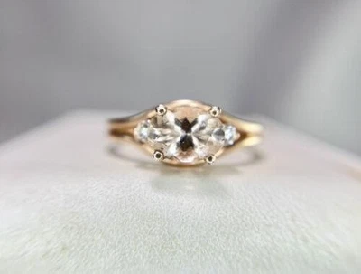 Anillo vintage de oro rosa de 14k natural redondo diamante ovalado melocotón morganita este oeste Foto 1 de 4