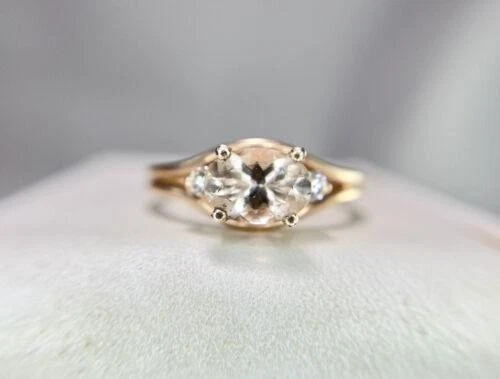 Anillo vintage de oro rosa de 14k natural redondo diamante ovalado melocotón morganita este oeste Foto 1 de 4