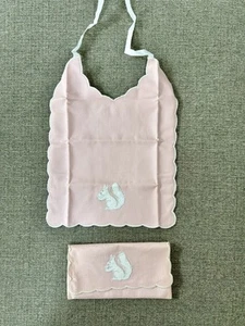 RARE* Antique Hand Embroidered Linen Baby Bib Soft Pink Squirrel w Storage Case - Picture 1 of 13