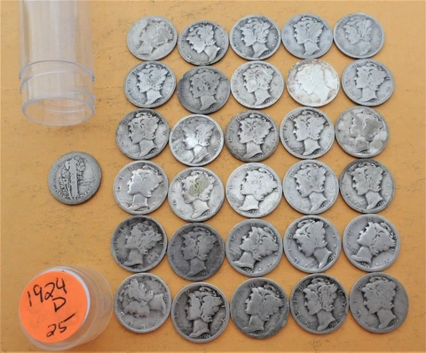 1924 D 1/2 Half Roll of 25 Mercury Dimes 90% Silver Cover