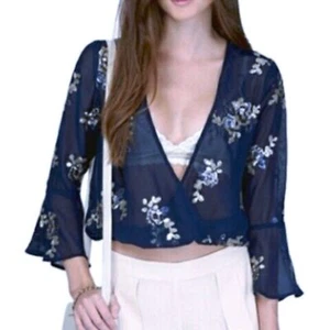 TOBI Navy paillettes perles florales à col en V cloche chemisier chemise XS - Photo 1/2