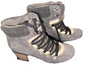 Bos. &amp; Co. Fur Trim Lace Up Block Heel Boots Gray Tones Suede Size EUR 37 Women