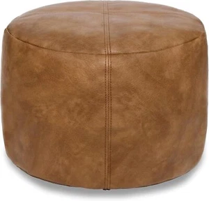 Faux Leather Pouf Cover, Ottoman Storage - 16.5”Dx12”H, Mocha - Picture 1 of 8